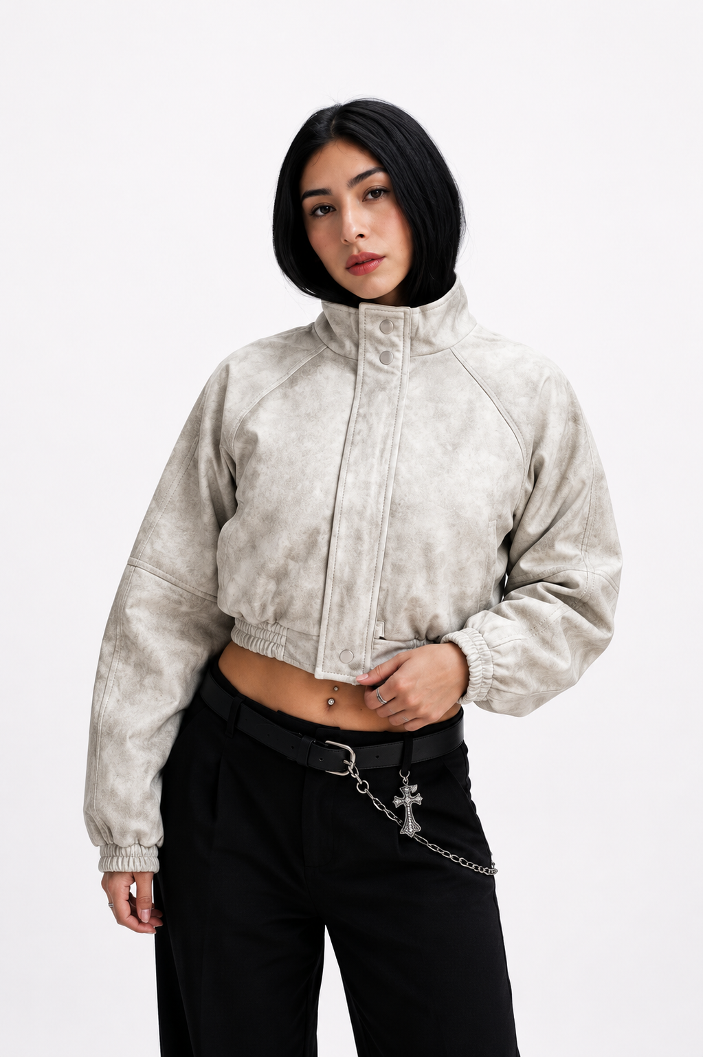 Chaqueta Bomber Cropped Efecto Cuero Oversize