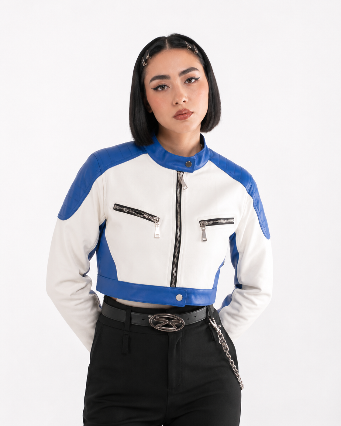 Chaqueta Cropped Efecto Cuero Bicolor con Bolsillos