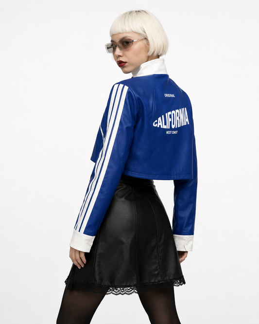 Chaqueta Cropped Efecto Cuero Bicolor con Cuello Alto