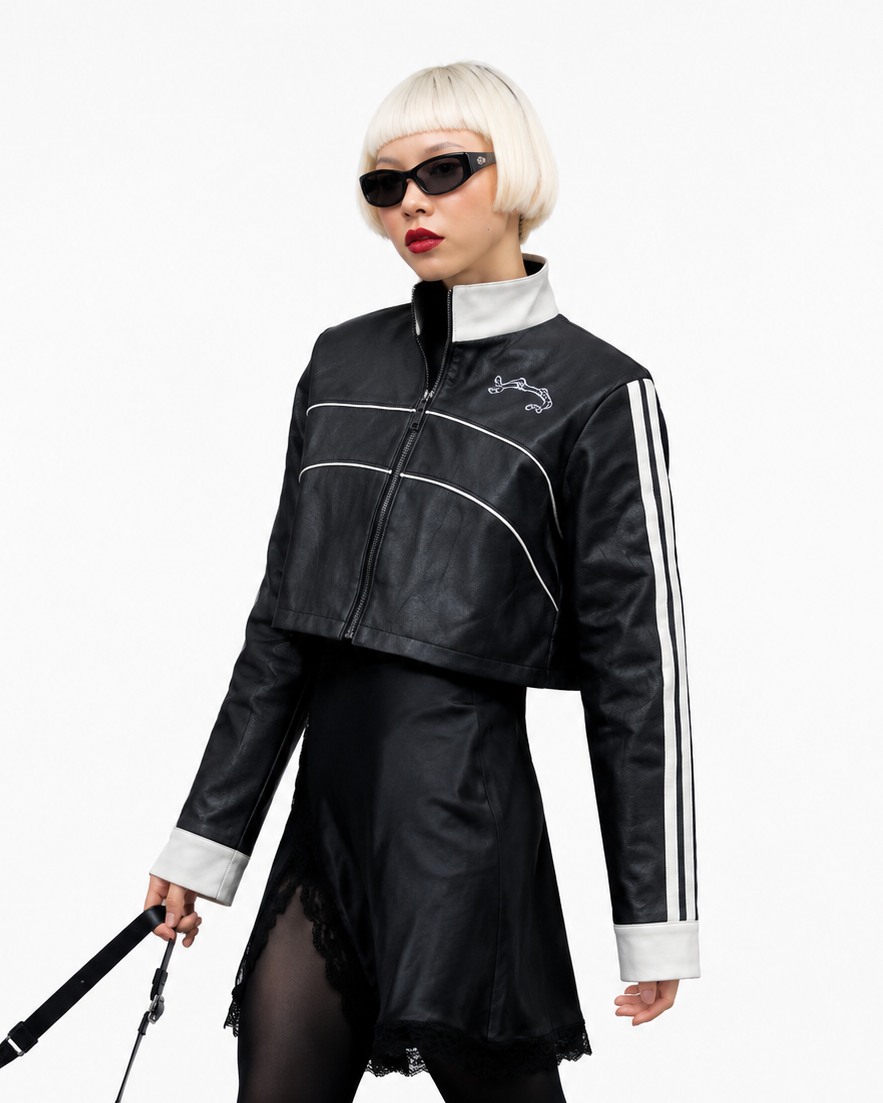 Chaqueta Cropped Efecto Cuero Bicolor con Cuello Alto