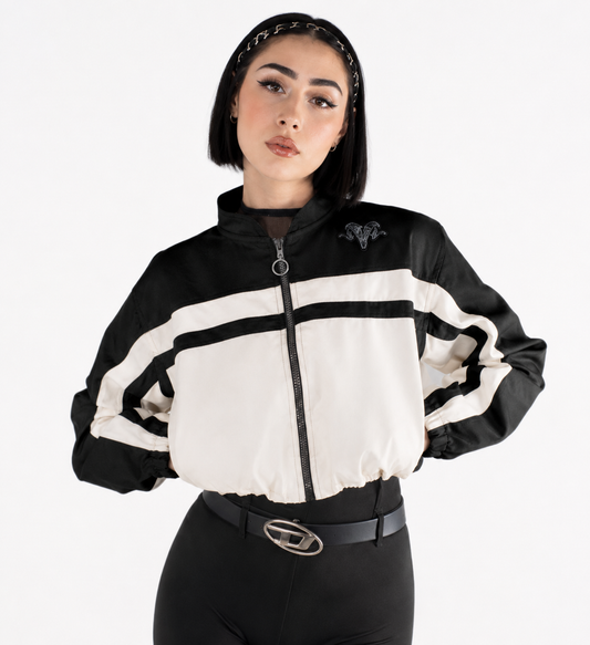 Chaqueta Bomber Cropped Bicolor con Rayas y Estampado
