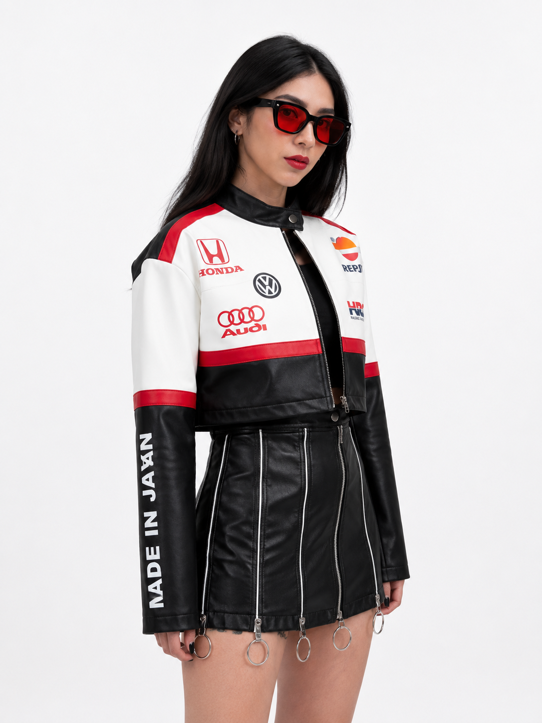 Chaqueta Bomber Cropped Racing con Parches Gráficos