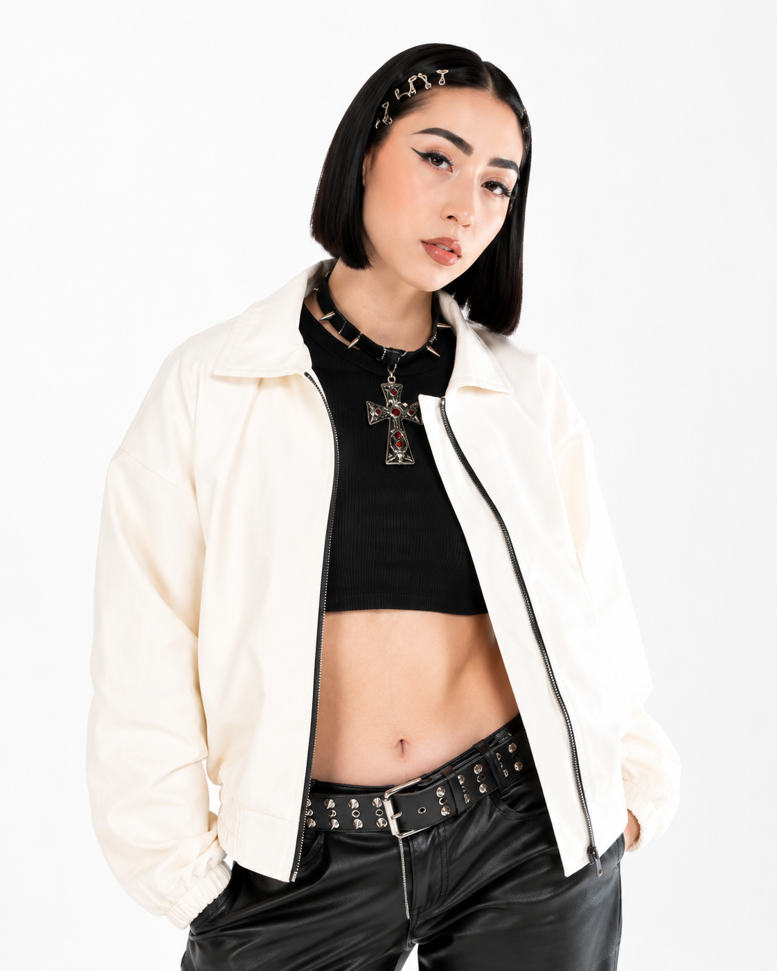 Chaqueta Bomber Cropped Efecto Cuero Oversize