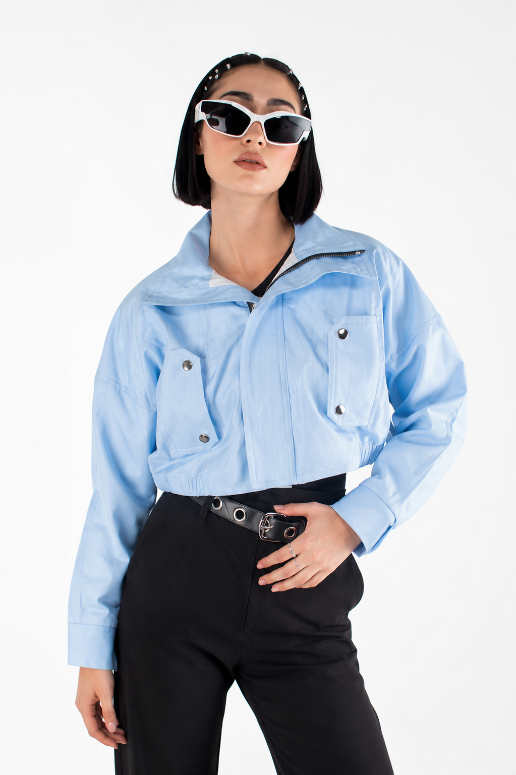 Chaqueta Efecto Cuero con Cuello Ancho y Bolsillos