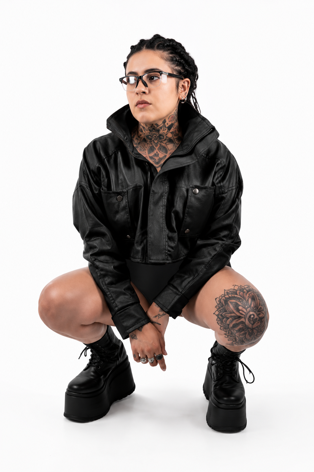 Chaqueta Efecto Cuero con Cuello Ancho y Bolsillos
