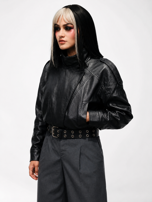 Chaqueta Cropped Efecto Cuero Oversize con Solapa Ancha