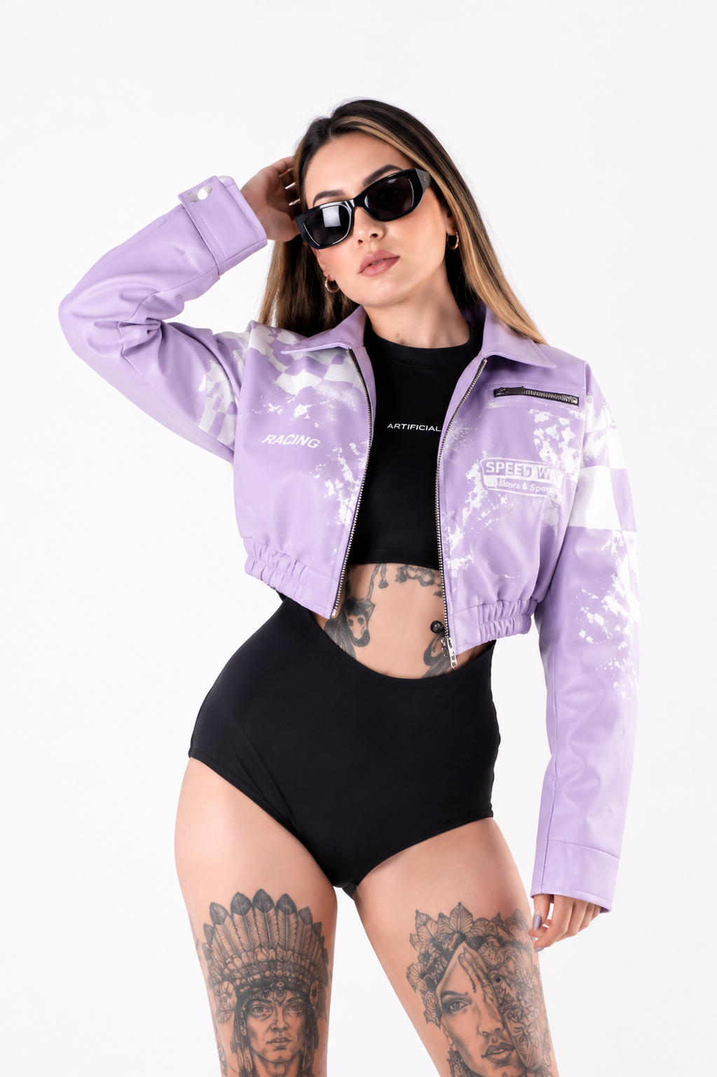 Chaqueta Bomber Cropped Efecto Charol Racing a Cuadros
