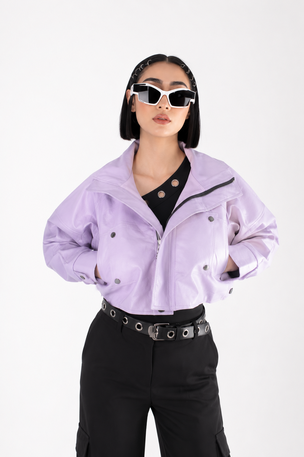 Chaqueta Efecto Cuero con Cuello Ancho y Bolsillos
