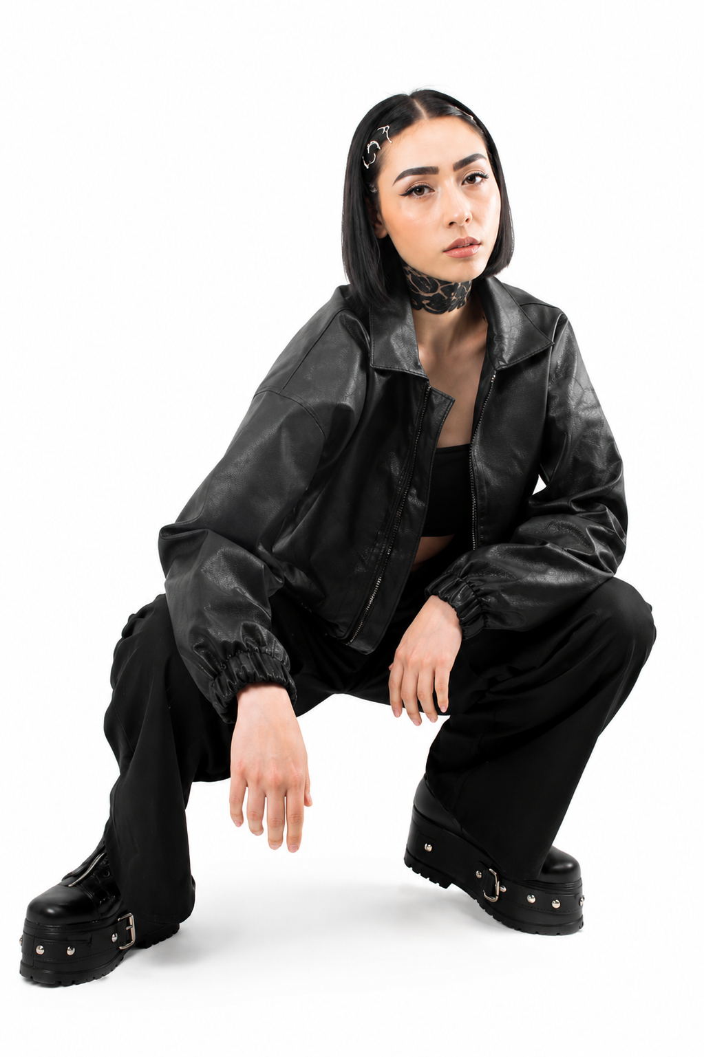 Chaqueta Bomber Cropped Efecto Cuero Oversize