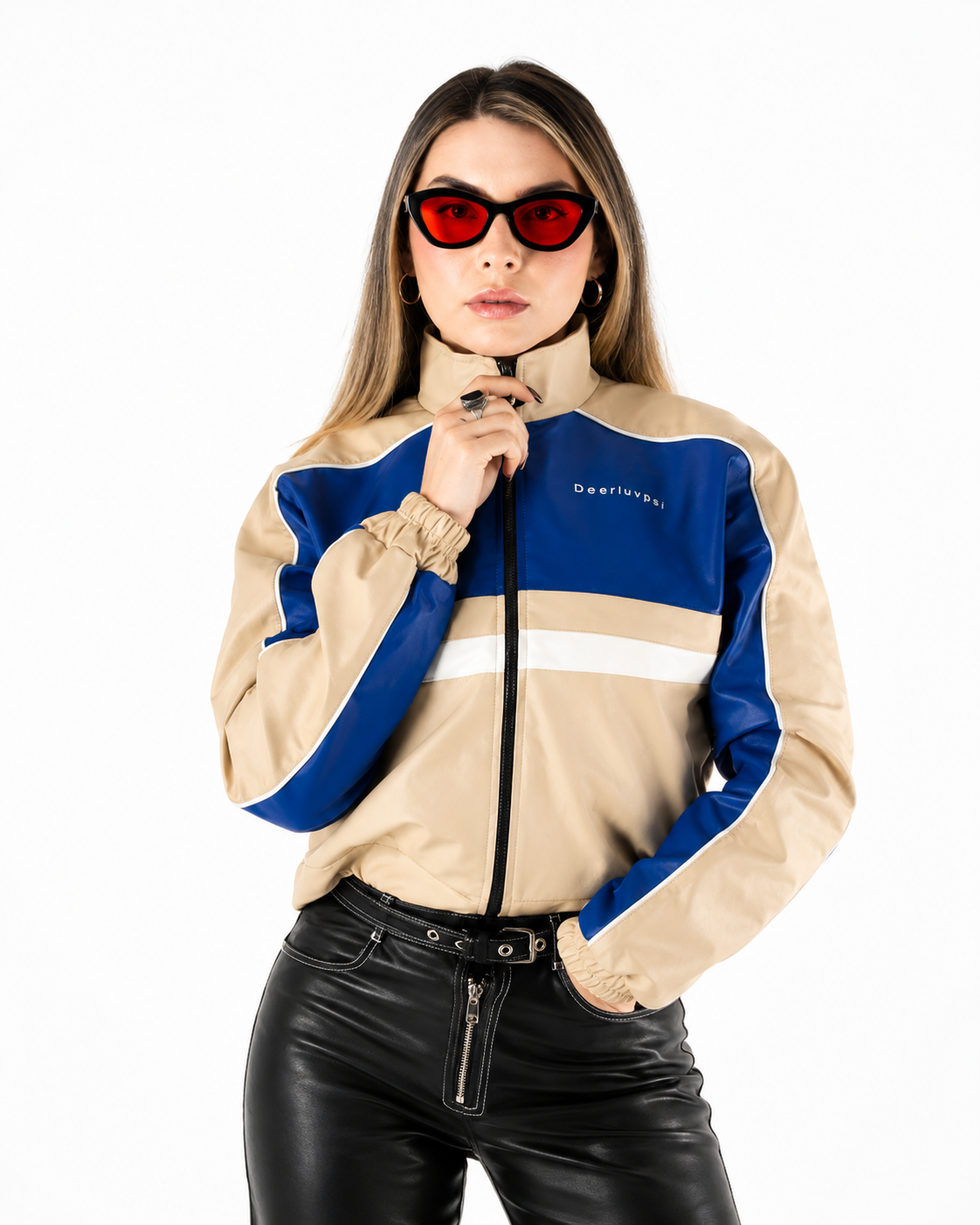 Chaqueta Cropped Tricolor con Franja Deportiva y Cuello Alto