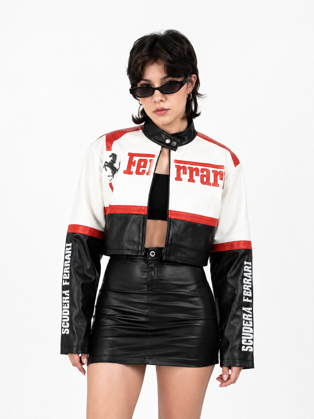 Chaqueta Bomber Cropped Racing con Parches Gráficos