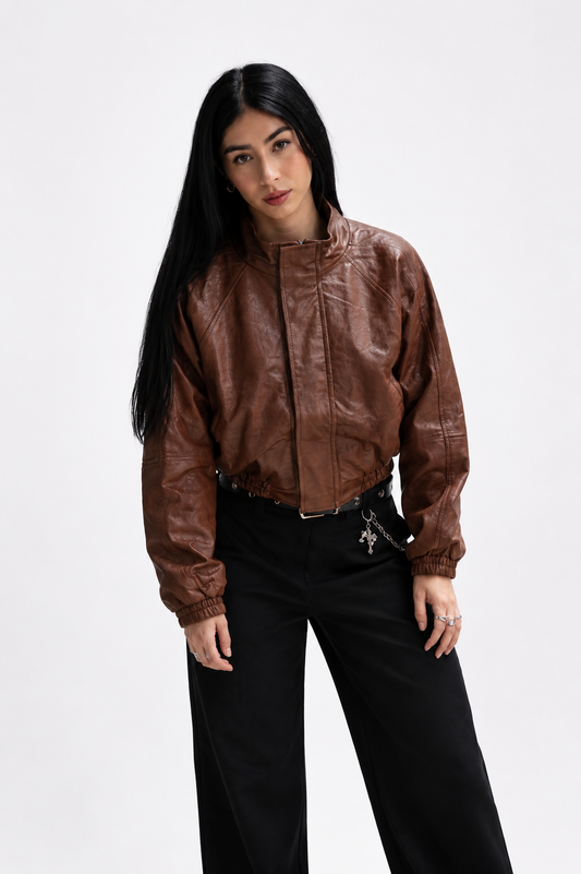 Chaqueta Bomber Cropped Efecto Cuero Oversize