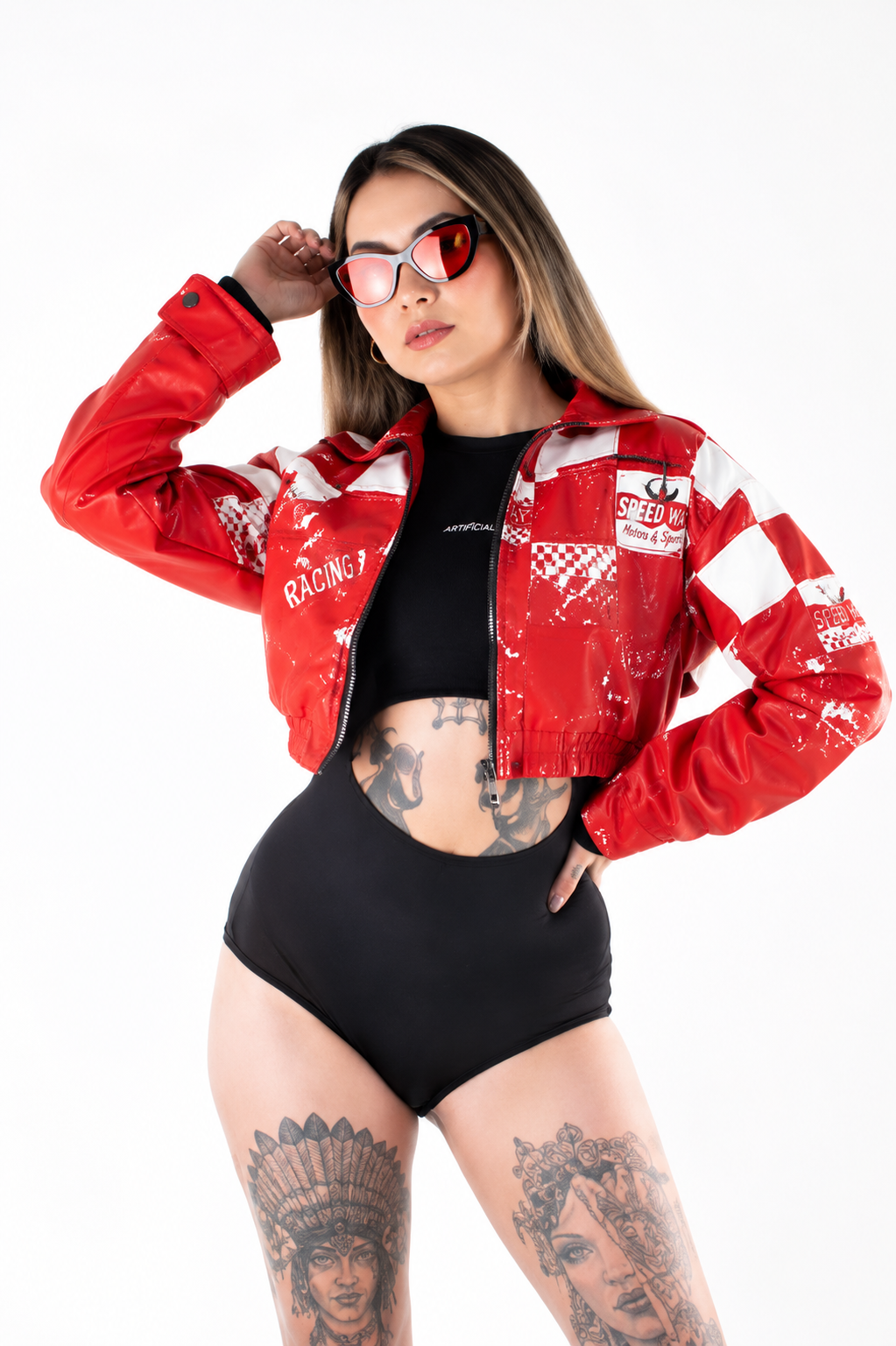 Chaqueta Bomber Cropped Efecto Charol Racing a Cuadros