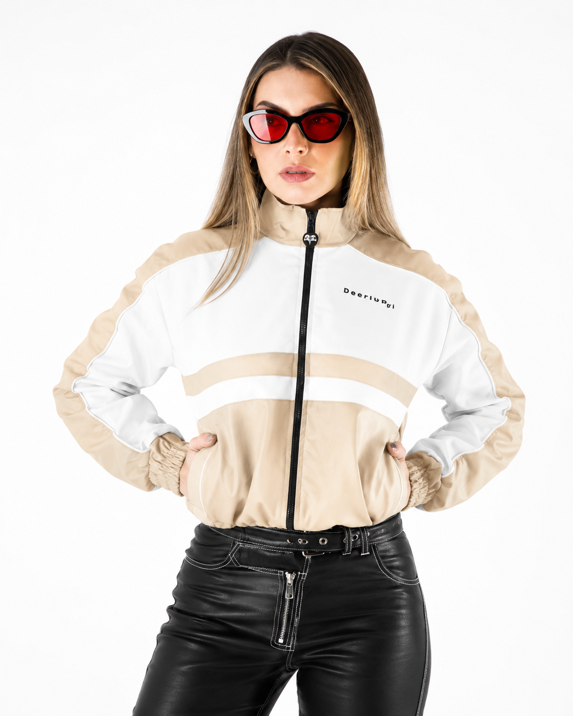 Chaqueta Cropped Tricolor con Franja Deportiva y Cuello Alto
