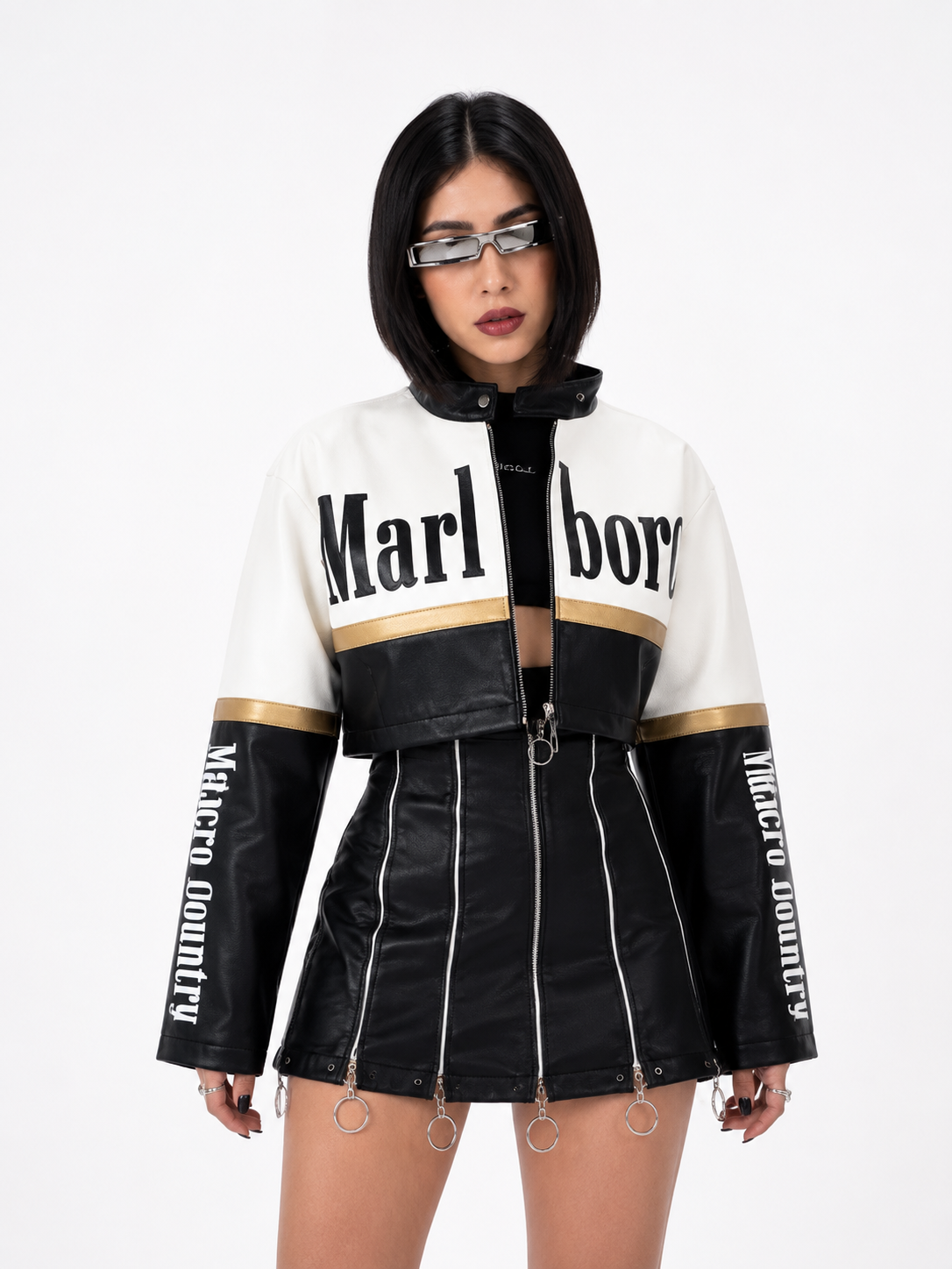 Chaqueta Bomber Cropped Racing con Parches Gráficos