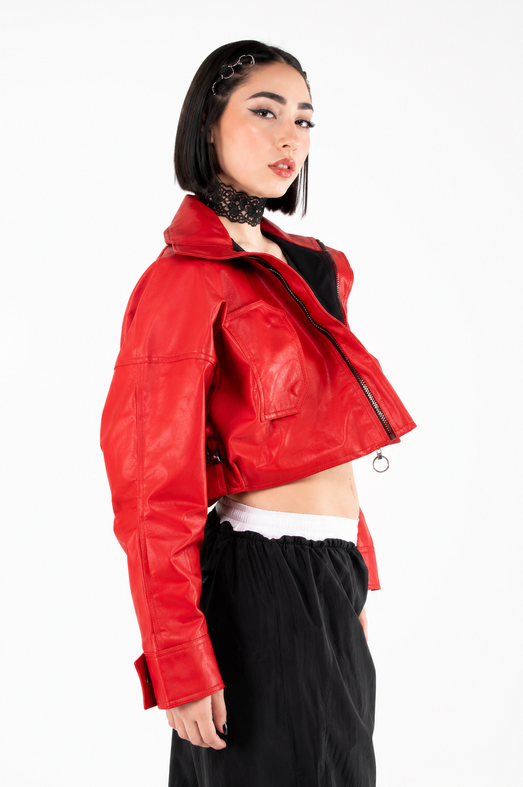 Chaqueta Efecto Cuero con Cuello Ancho y Bolsillos