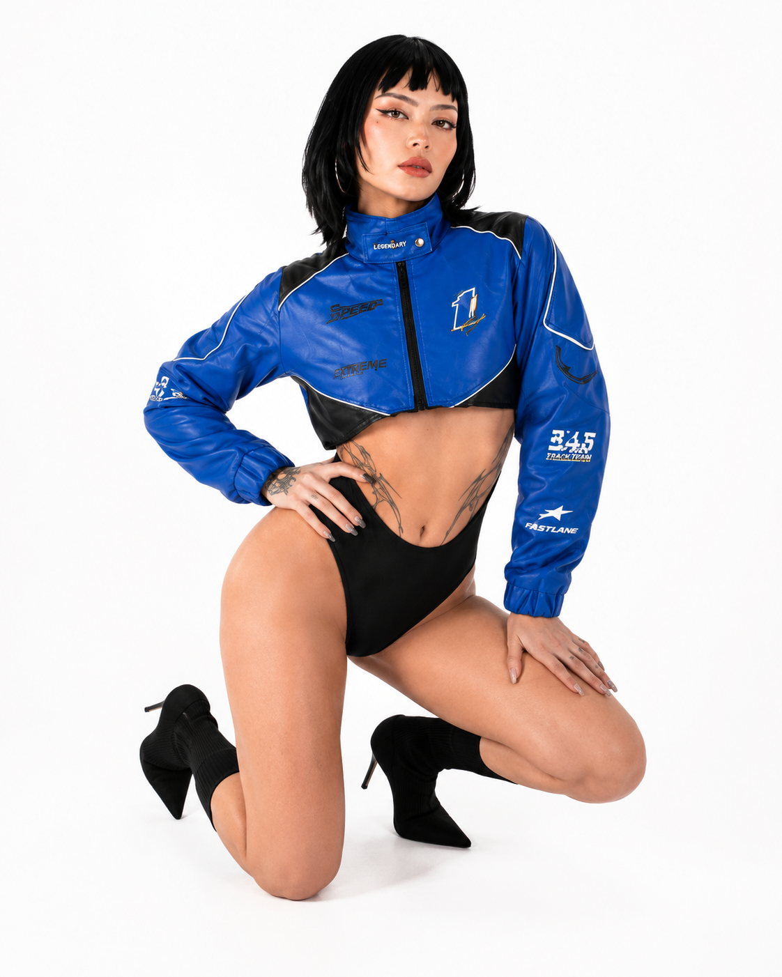 Chaqueta Bomber Cropped Racing Bicolor con Parches