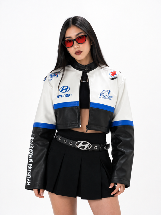 Chaqueta Bomber Cropped Racing con Parches Gráficos