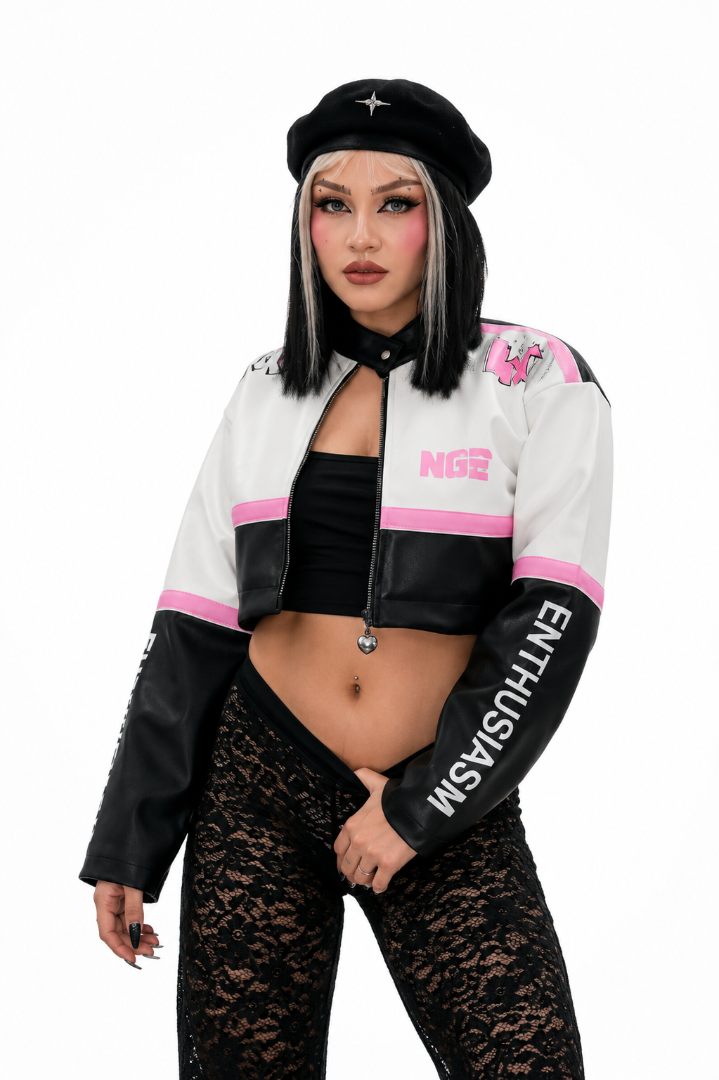 Chaqueta Bomber Cropped Racing con Parches Gráficos