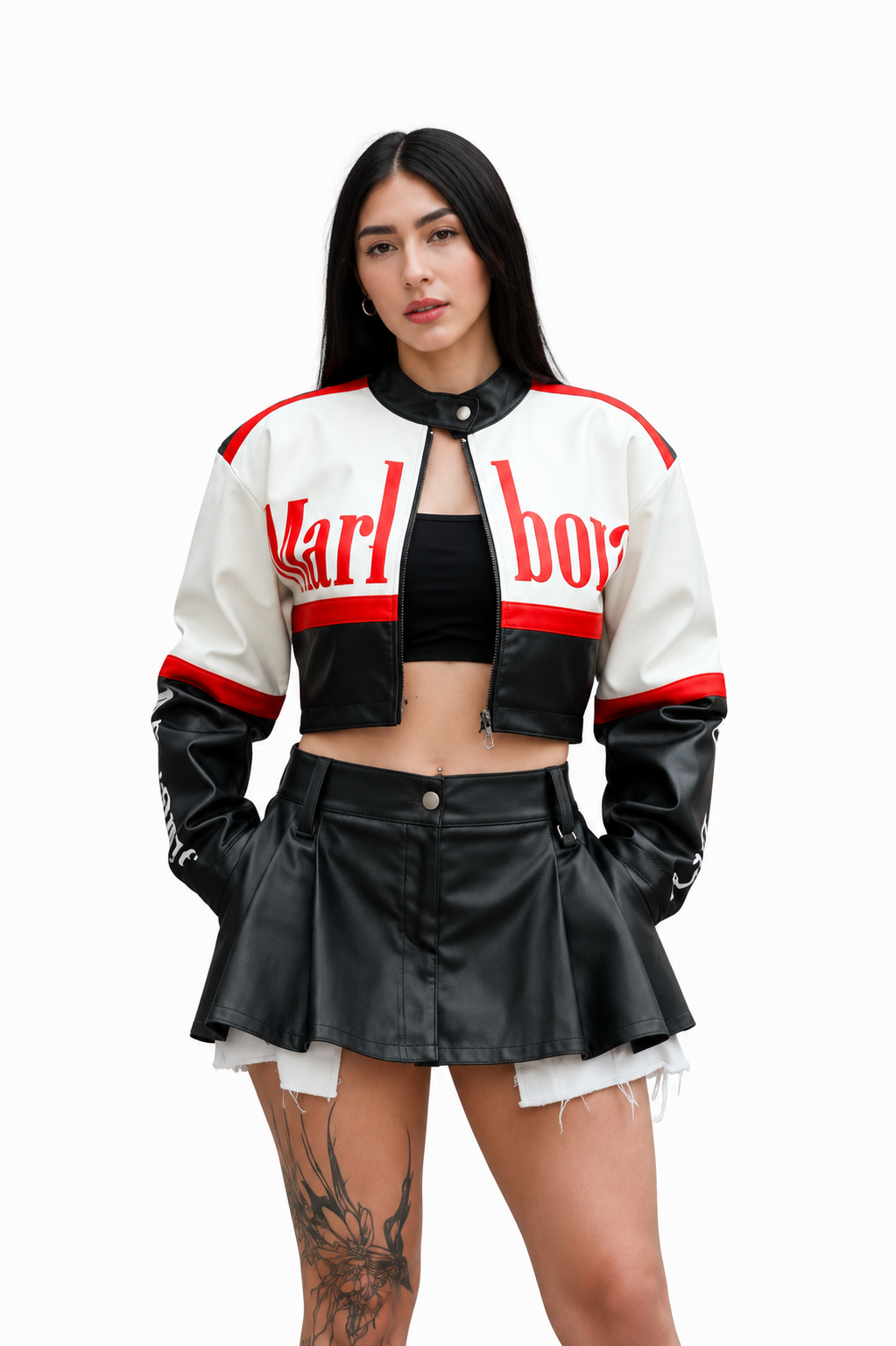 Chaqueta Bomber Cropped Racing con Parches Gráficos