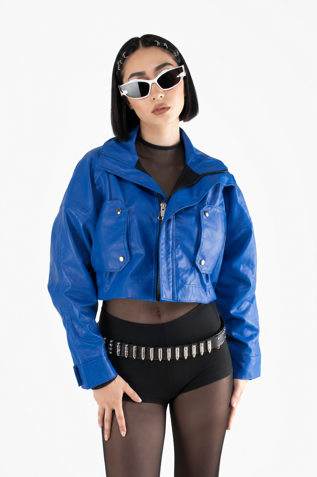 Chaqueta Efecto Cuero con Cuello Ancho y Bolsillos