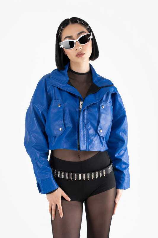 Chaqueta Efecto Cuero con Cuello Ancho y Bolsillos