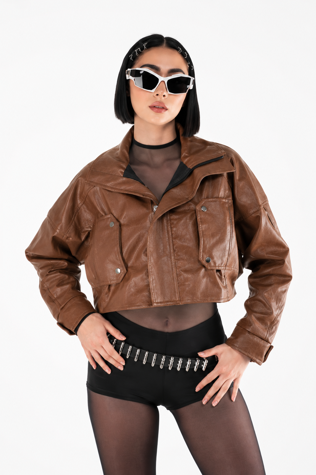 Chaqueta Efecto Cuero con Cuello Ancho y Bolsillos