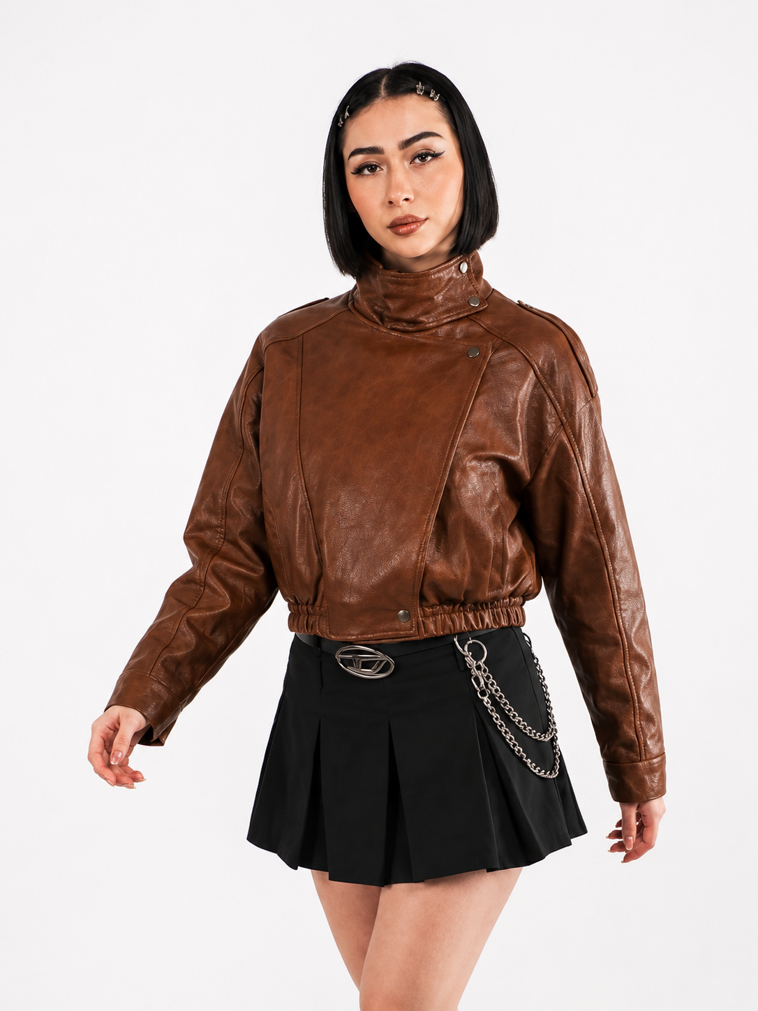 Chaqueta Cropped Efecto Cuero Oversize con Solapa Ancha