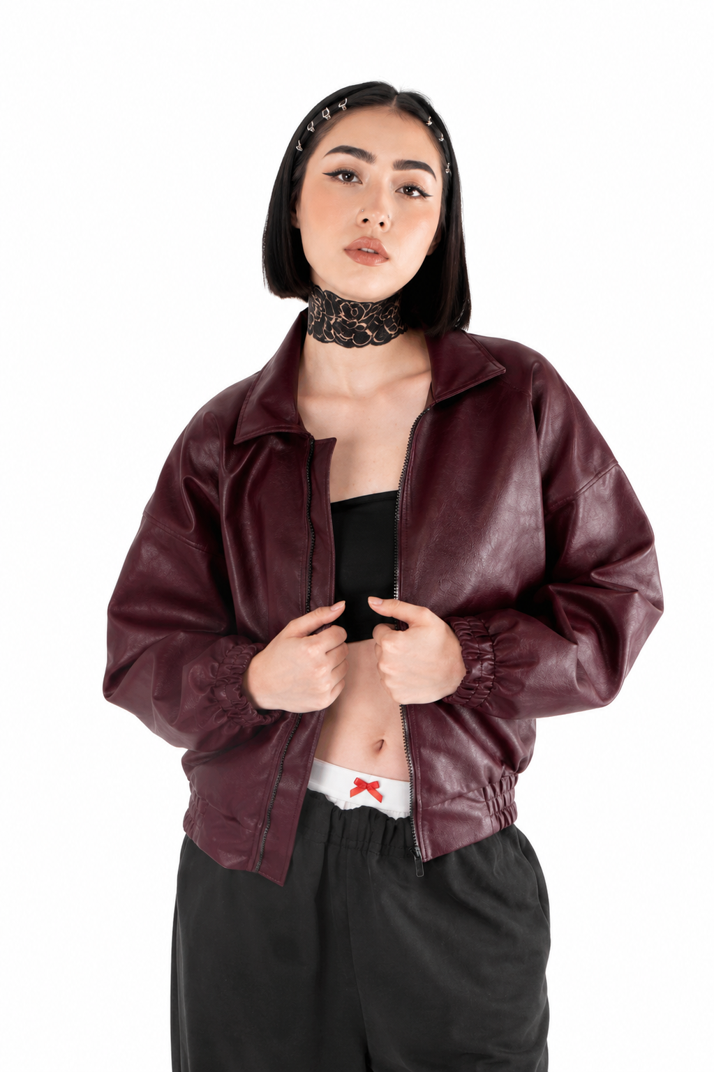 Chaqueta Bomber Cropped Efecto Cuero Oversize