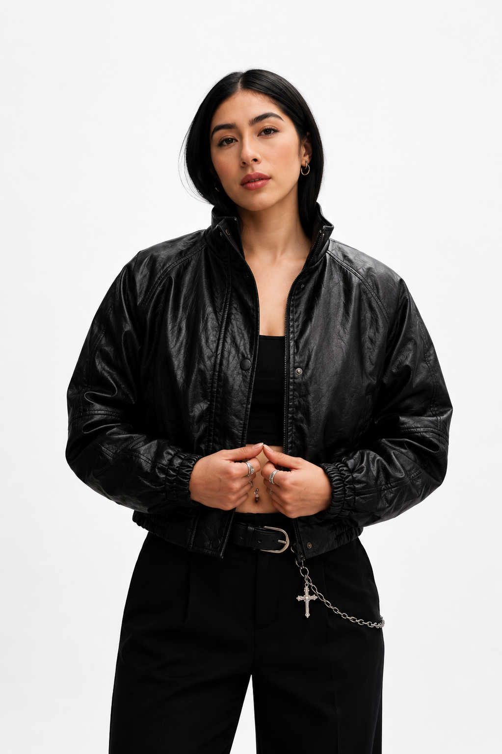 Chaqueta Bomber Cropped Efecto Cuero Oversize