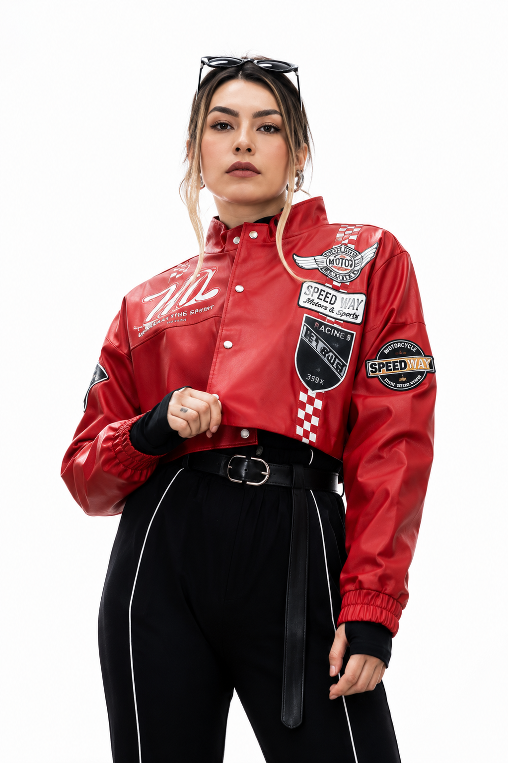 Chaqueta Cropped Racing con Parches Multiestampado