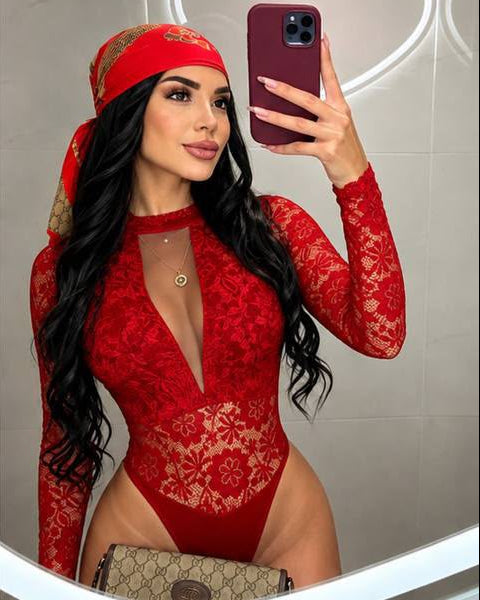 Body de Encaje con Escote Profundo y Manga Larga