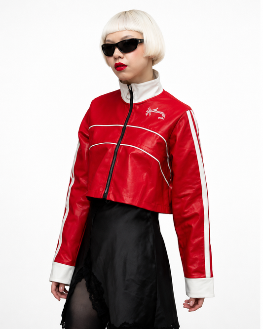 Chaqueta Cropped Efecto Cuero Bicolor con Cuello Alto