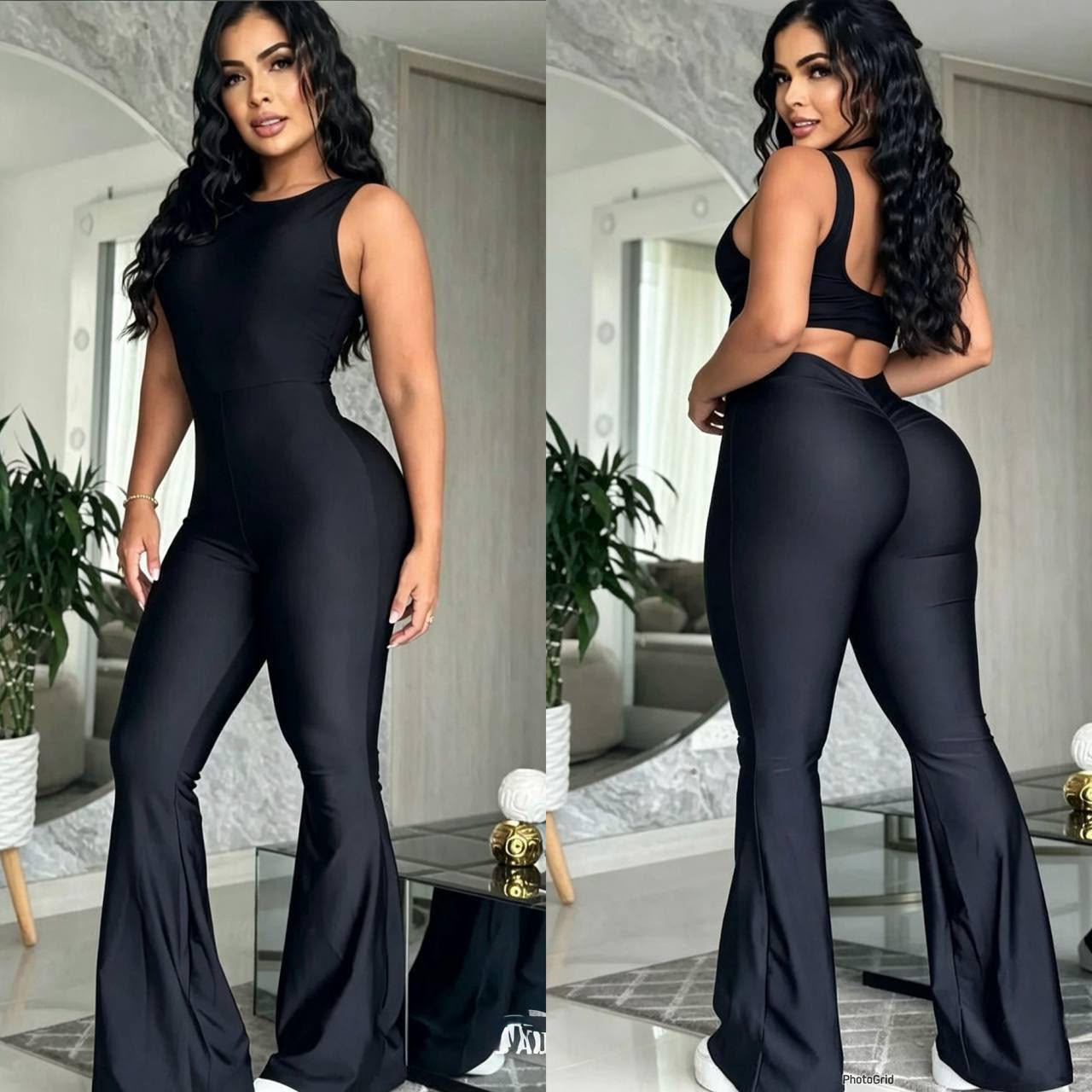 Enterizo Ajustado Sin Mangas con Espalda Cruzada y Pierna Acampanada