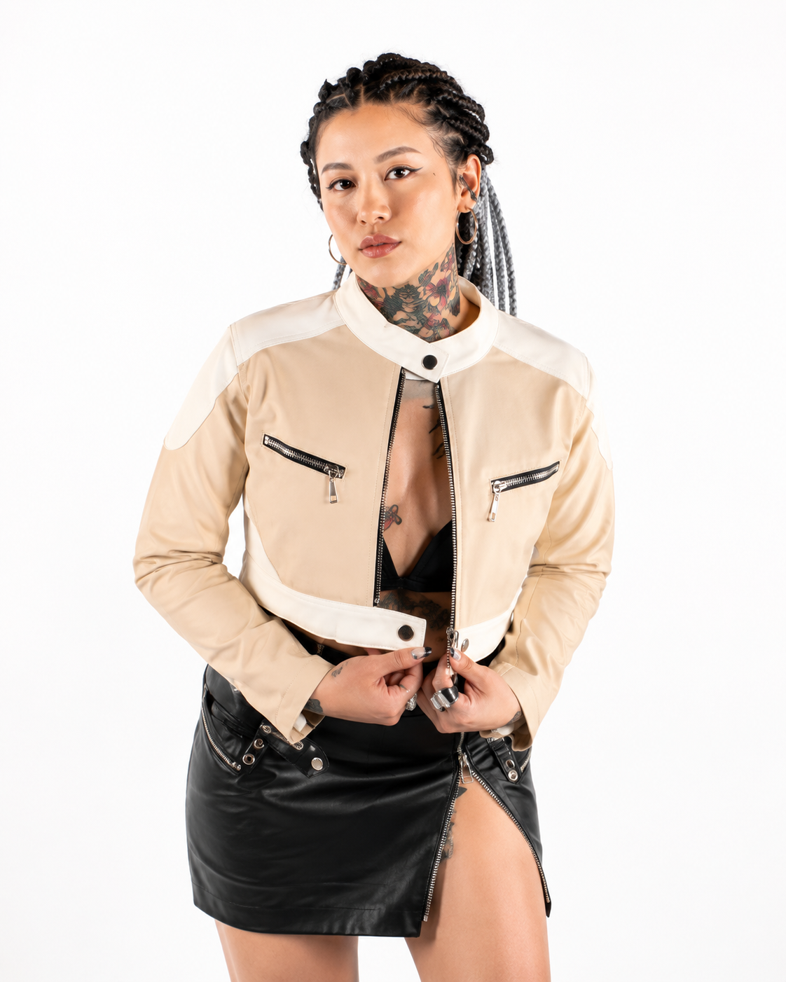 Chaqueta Cropped Efecto Cuero Bicolor con Bolsillos