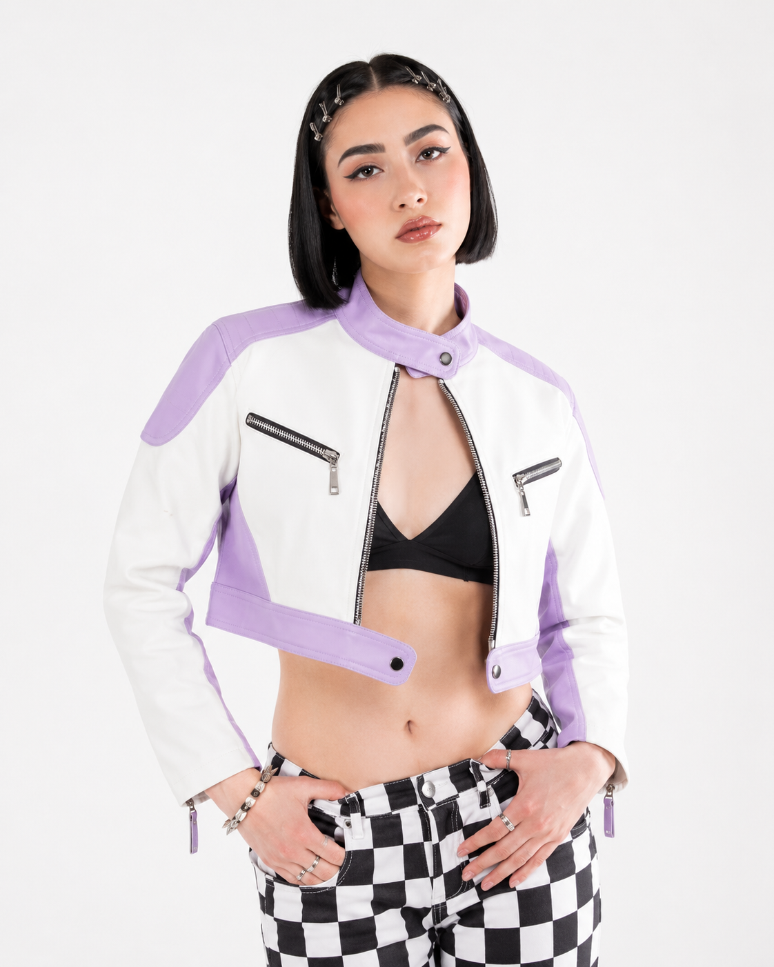 Chaqueta Cropped Efecto Cuero Bicolor con Bolsillos