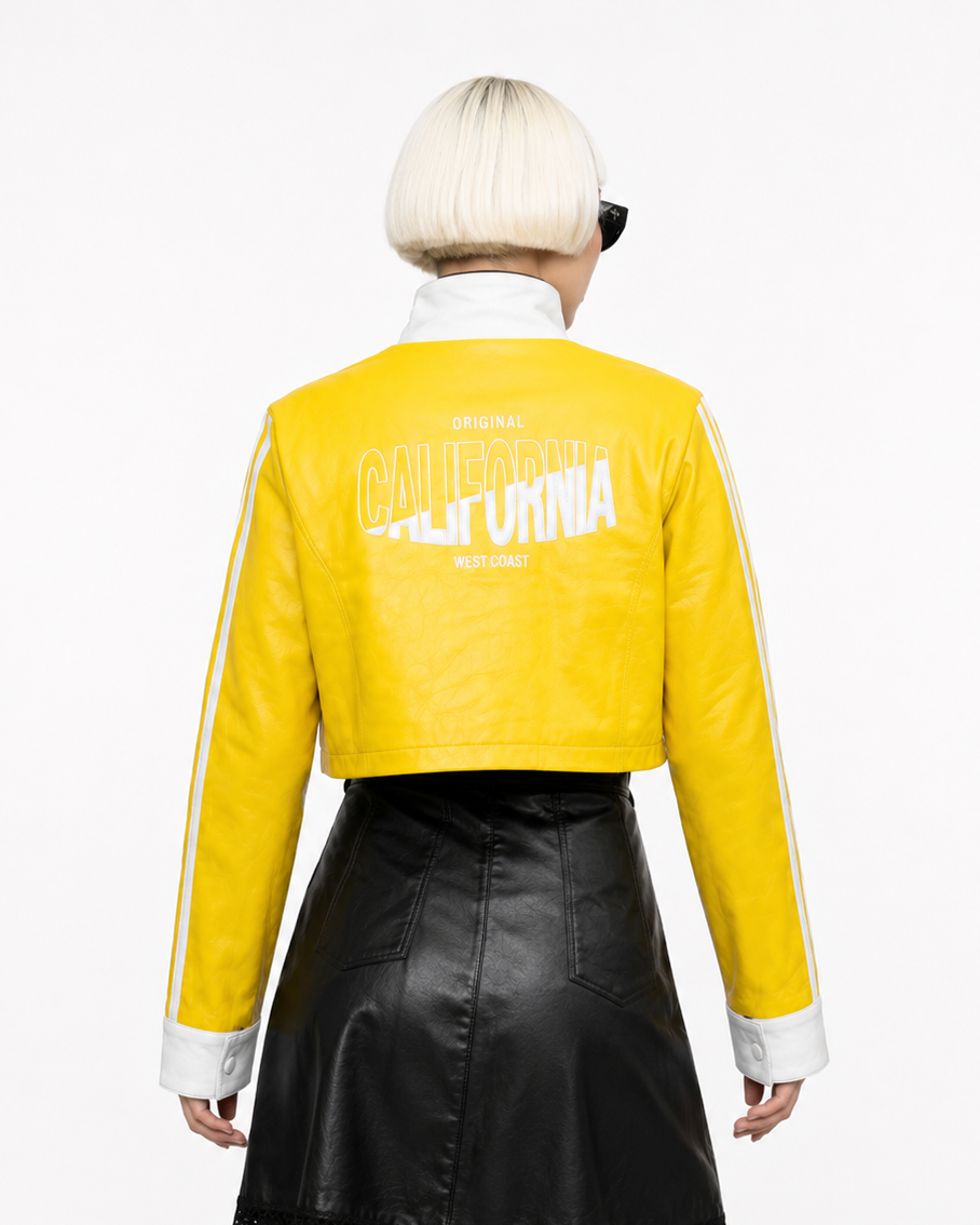 Chaqueta Cropped Efecto Cuero Bicolor con Cuello Alto