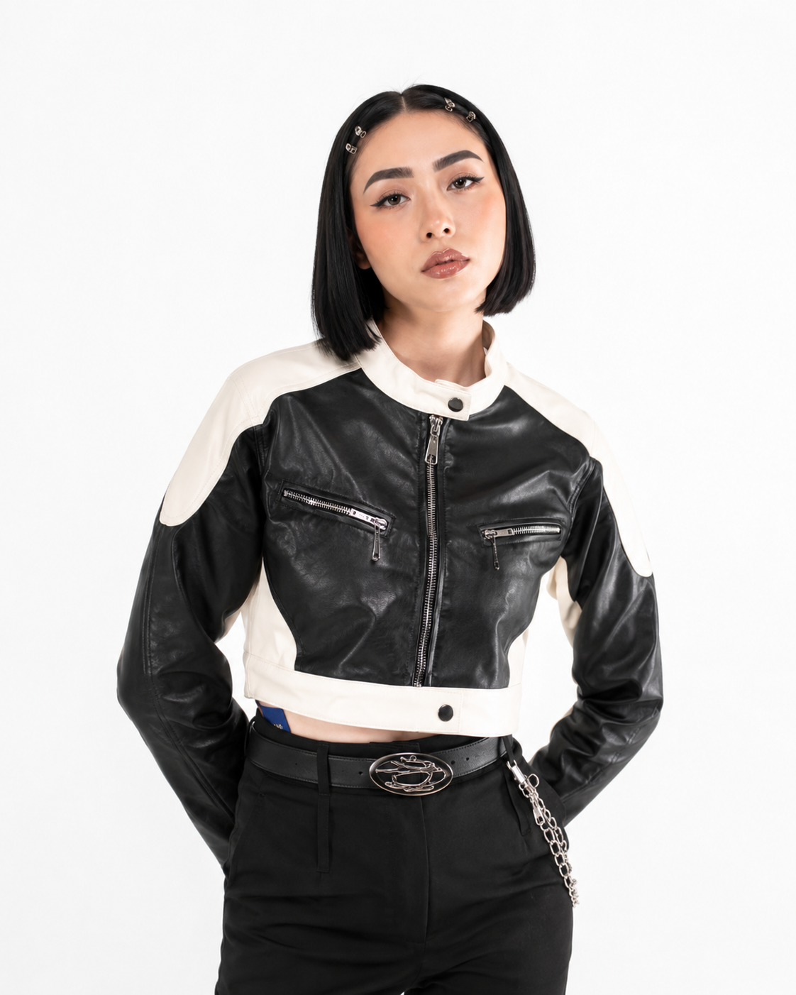 Chaqueta Cropped Efecto Cuero Bicolor con Bolsillos