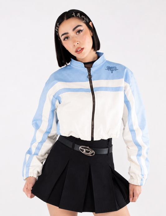Chaqueta Bomber Cropped Bicolor con Rayas y Estampado