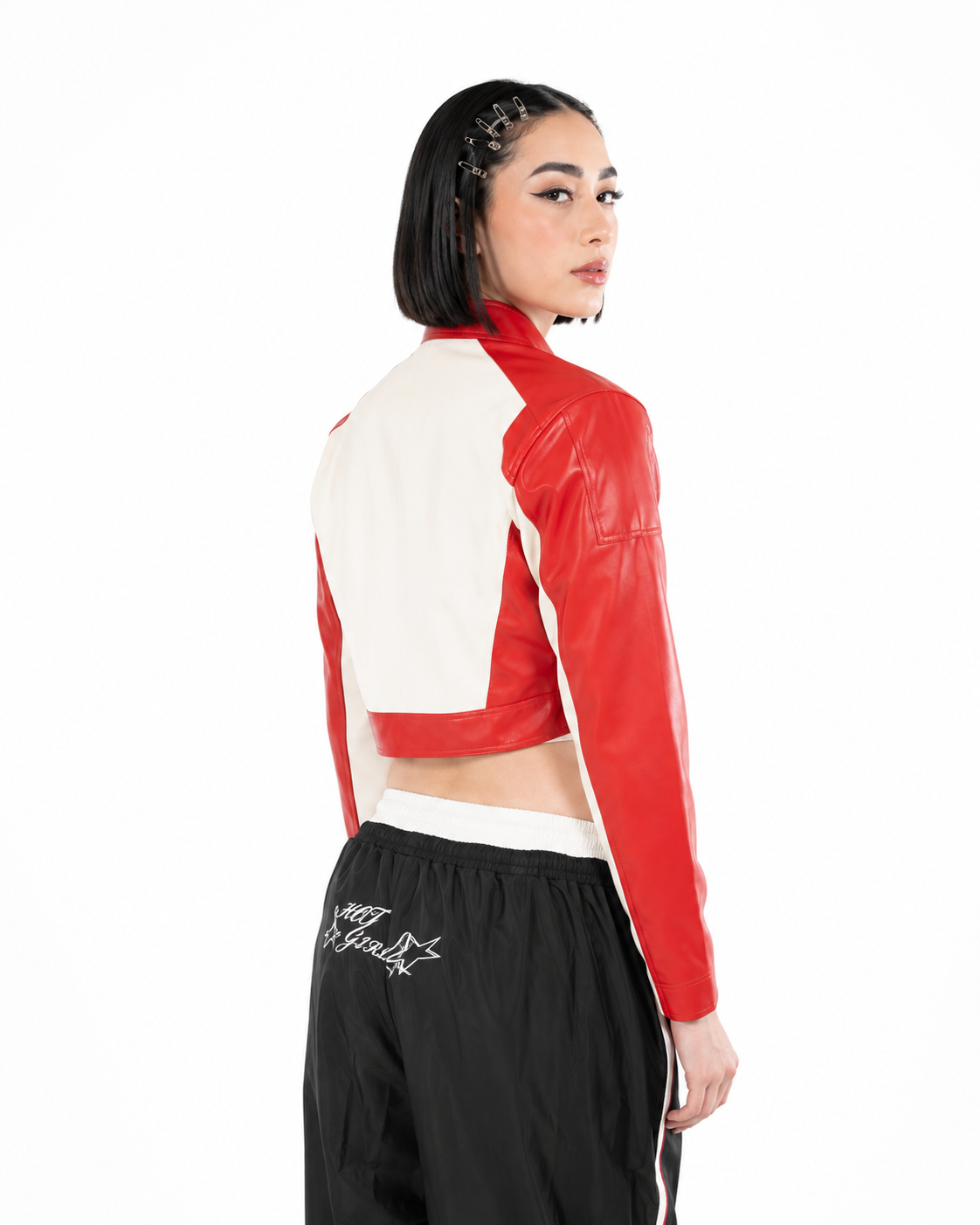 Chaqueta Cropped Efecto Cuero Bicolor con Bolsillos