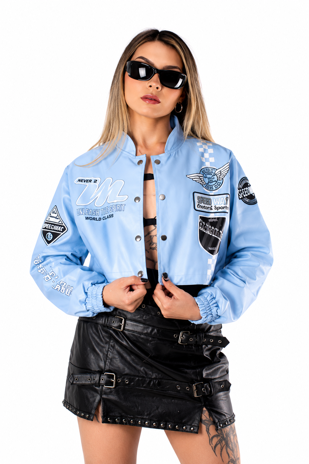Chaqueta Cropped Racing con Parches Multiestampado